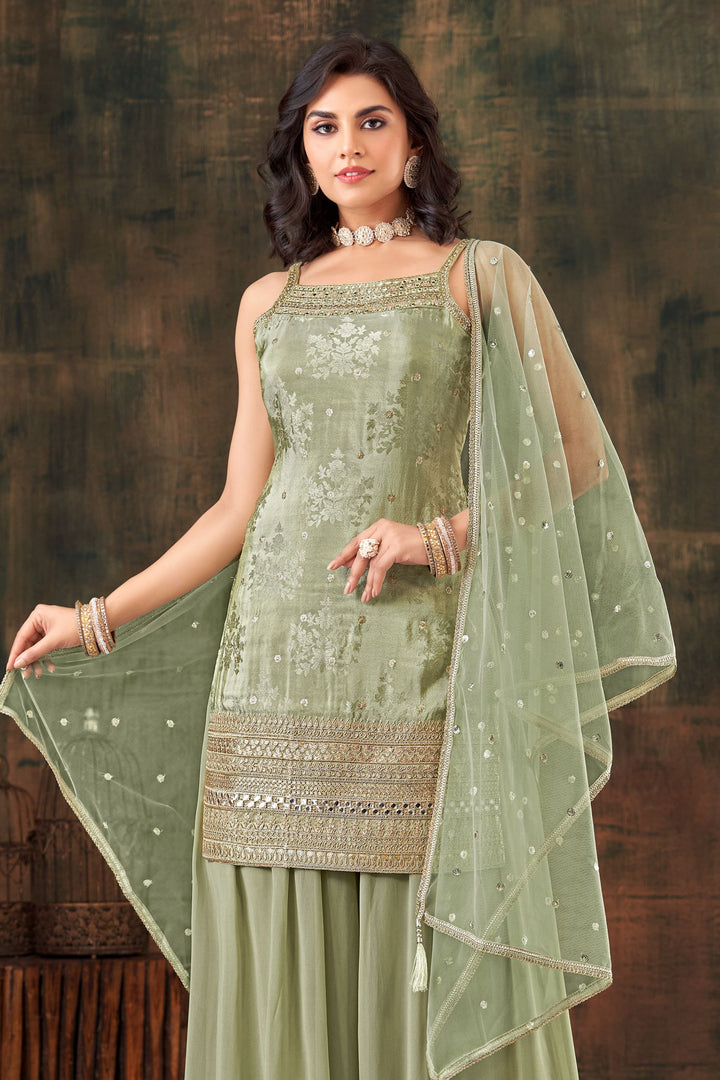 Sea Green Banaras, Sequins, Zari, Mirror, Stone and Beads work Palazzo Salwar Suit