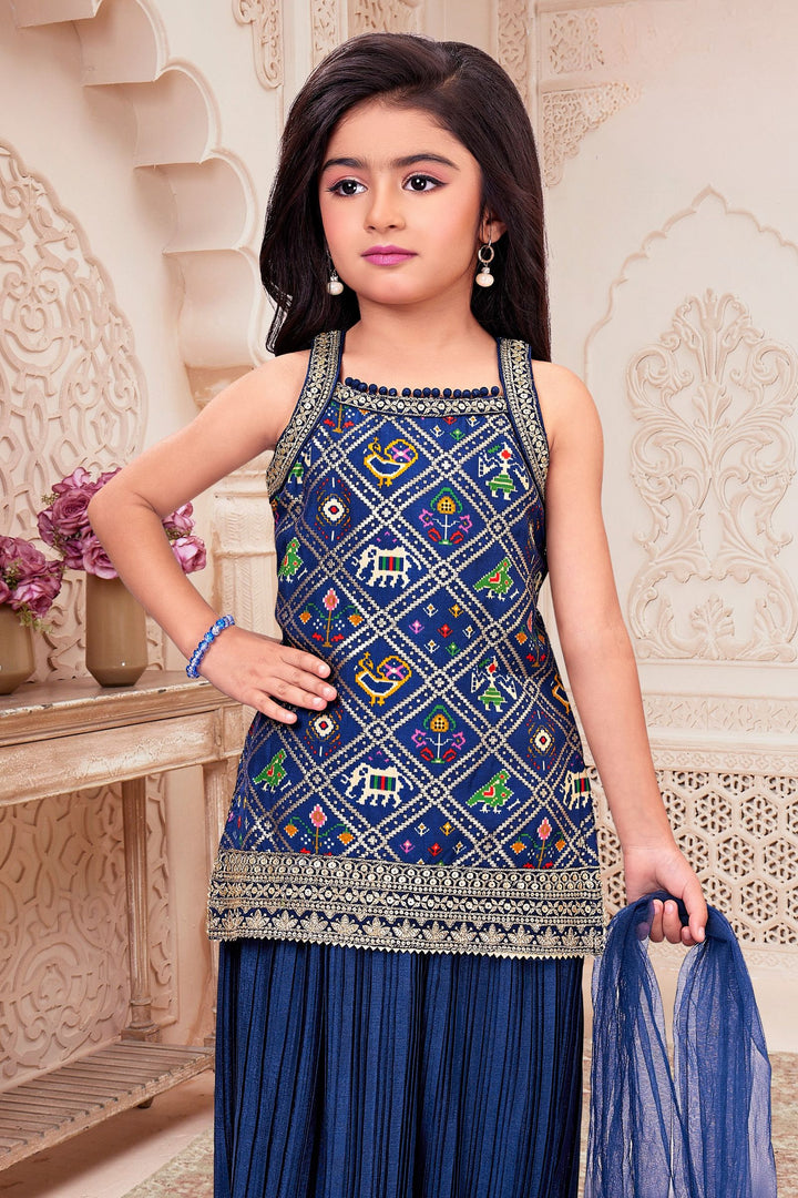 Navy Blue Sequins and Zari work with Patola Print Top and Afghani Set for Girls