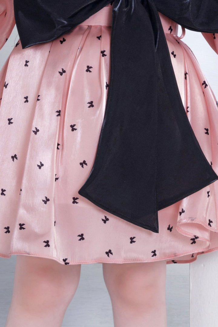 Peach with Black Printed Partywear Short Frock for Girls