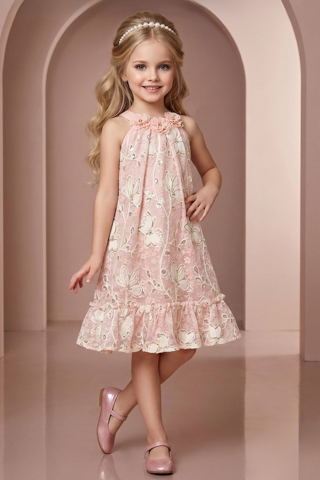 Baby Pink Embroidery and Sequins work Short Frock For Girls