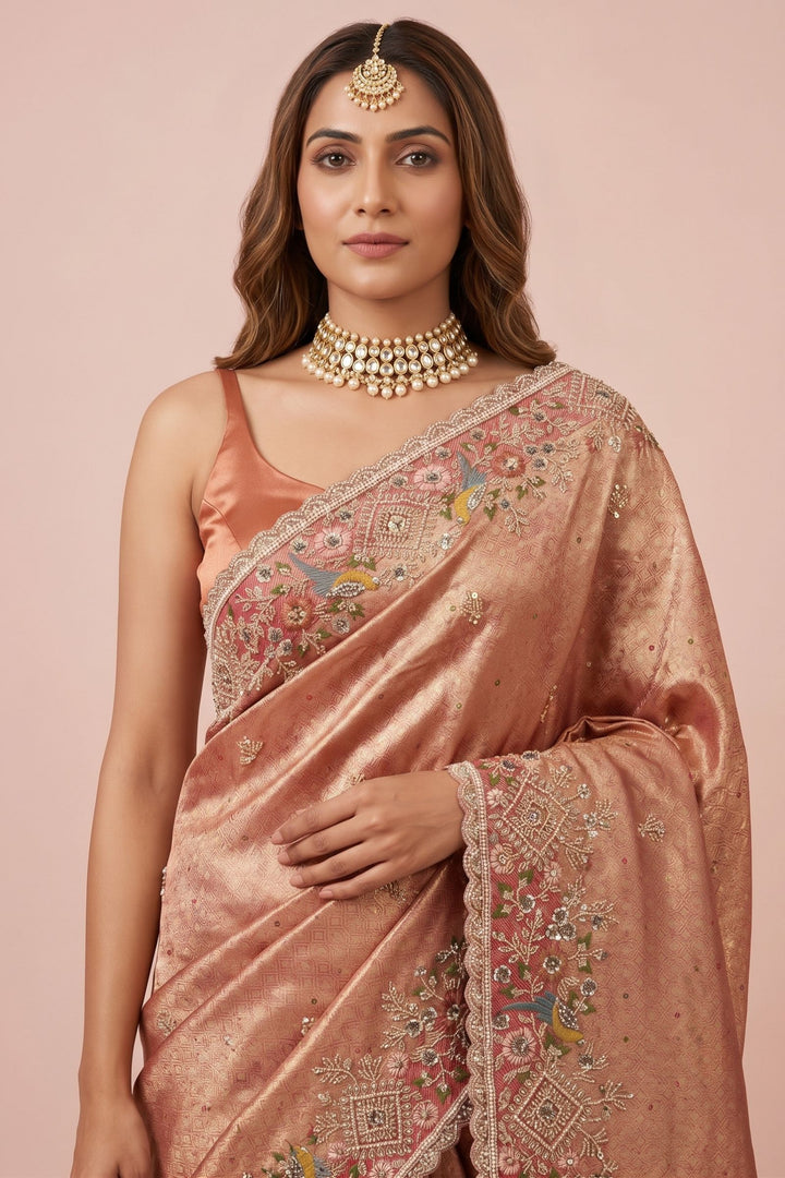 Copper Rose Gold Saree Featuring Banaras, Sequins and Beads work