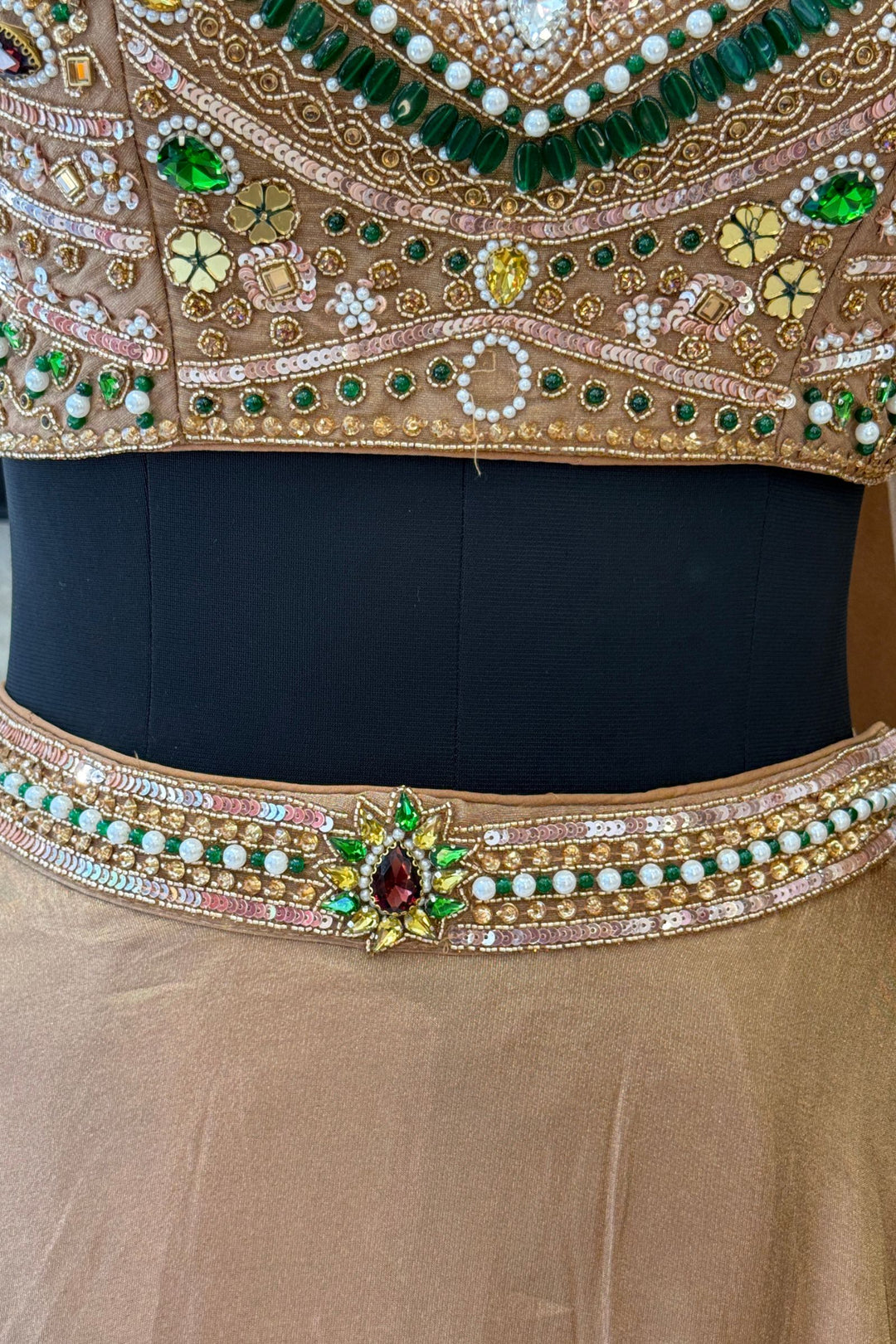 Gold Beads, Zardozi, Stone, Sequins and Pearl work with Halter Neck Crop Top Lehenga
