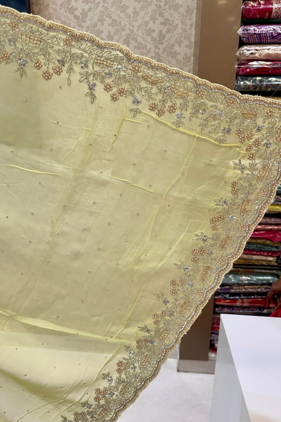Lemon Yellow Saree with Intricate Sequin and Beaded Embroidered Border