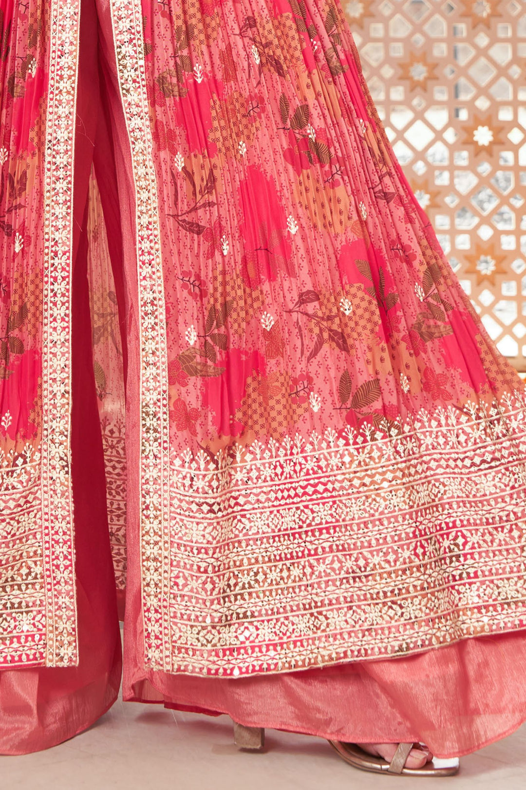 Peach Sequins and Thread work with Digital Print Salwar Suit with Palazzo Pants