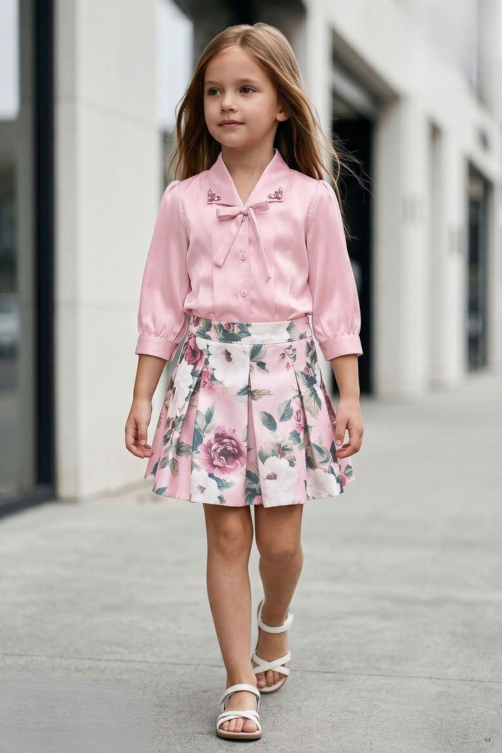 Pink Floral Print Top and Divider Skirt for Girls