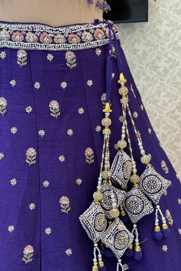 Purple Bridal Lehenga Set with Intricate Zari, Sequins, Beads and Floral Embroidery