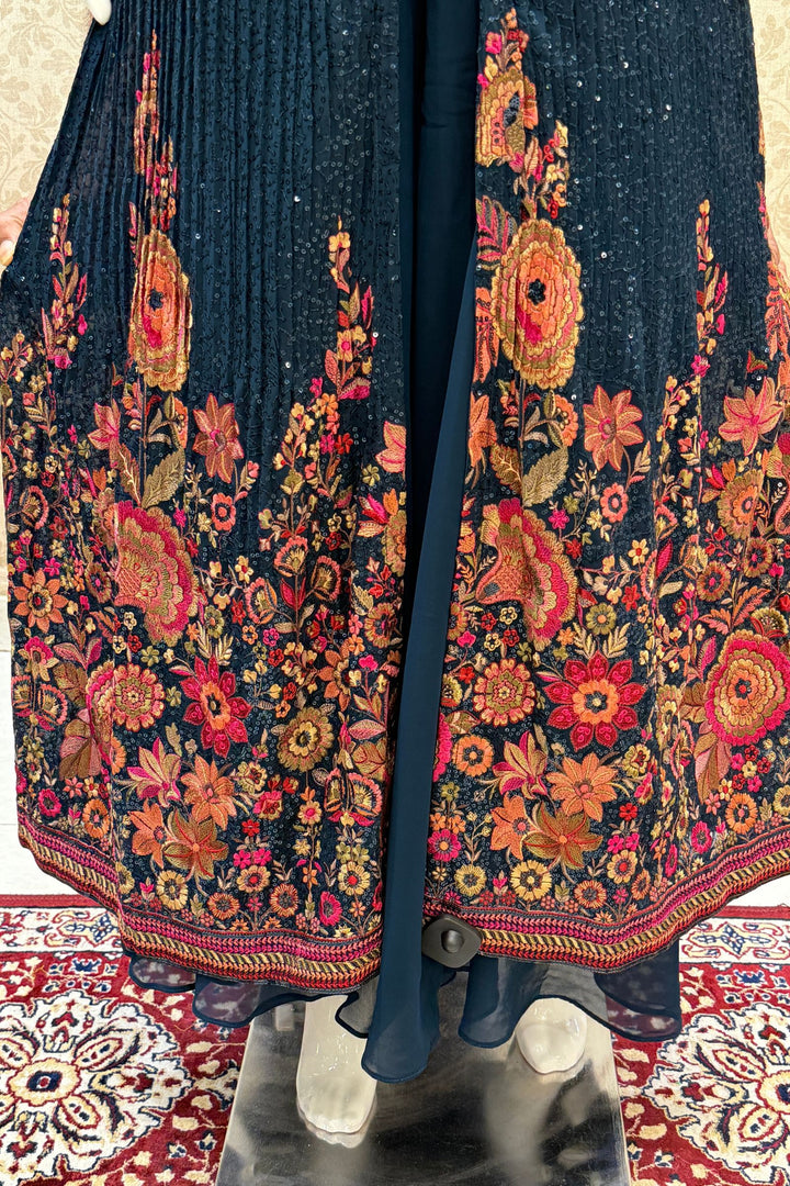 Peacock Blue Sequins and Multicolor Embroidery work Palazzo Salwar Suit