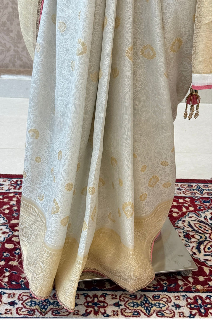 Silver Zari work Saree with Pearl, Zardozi, Beads and Sequins work Readymade Blouse