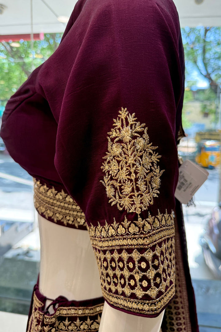 Wine Sequins and Zari work Crop Top Lehenga