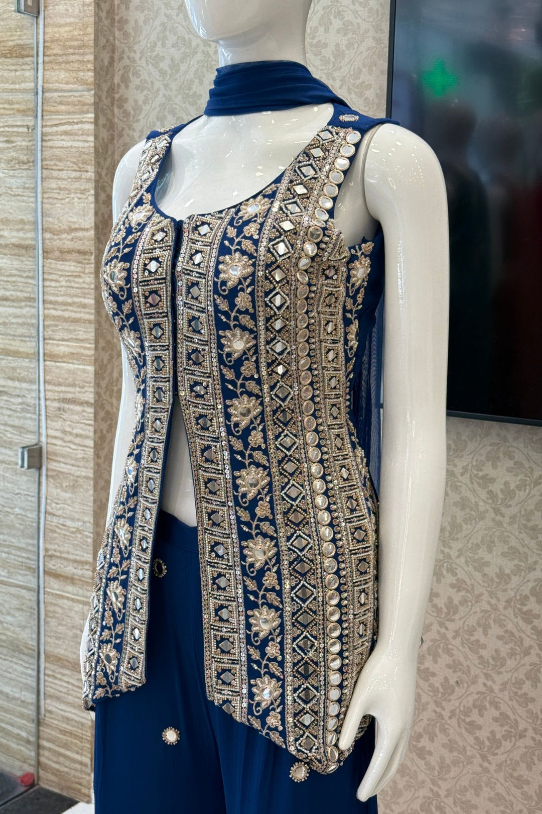 Teal Blue Mirror, Beads, Sequins and Zari work Palazzo Salwar Suit