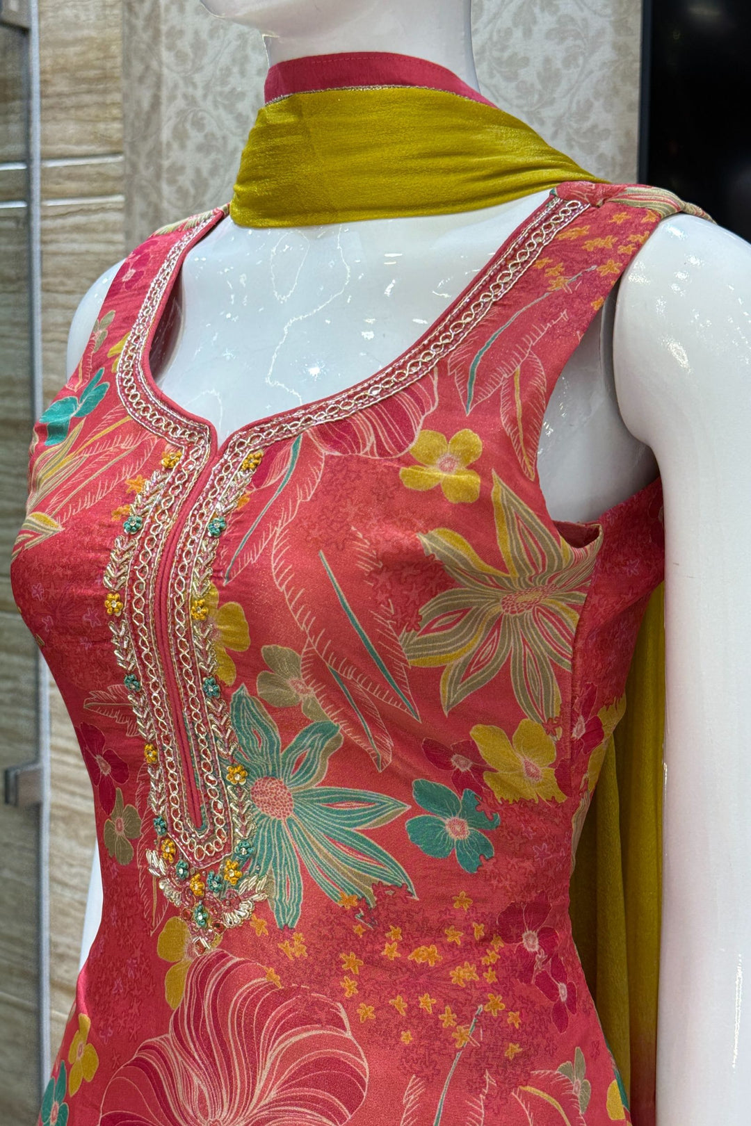 Pinkish Red Zardozi, Beads, Sequins and Stone work with Floral Print Straight Cut Salwar Suit