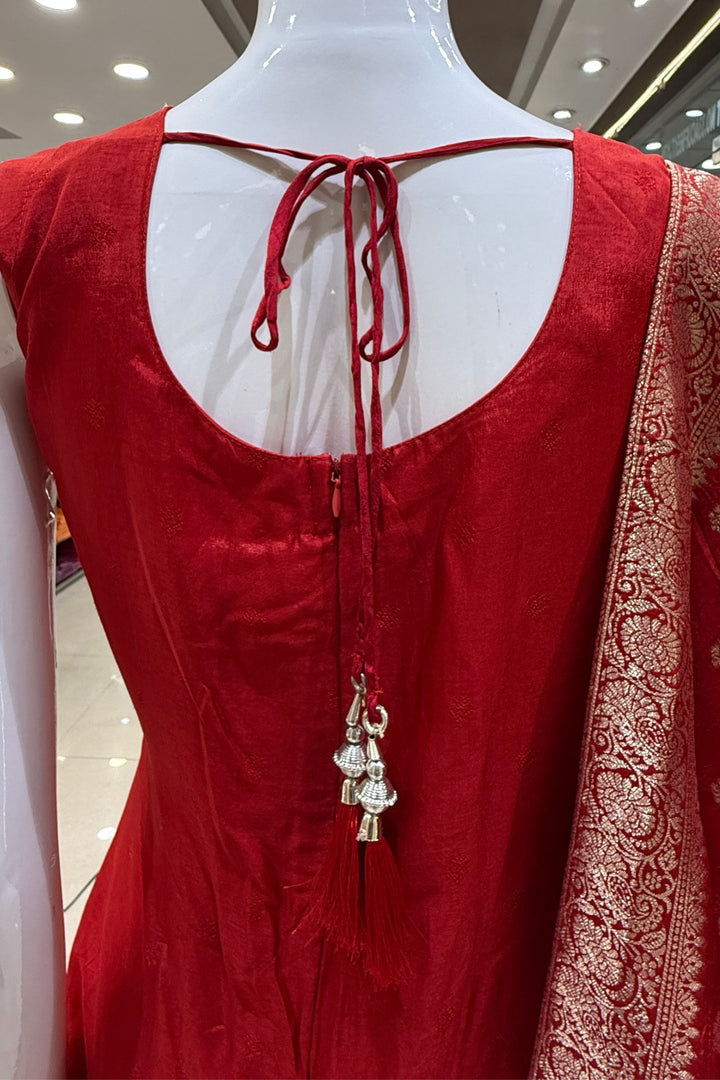 Red Banaras work V-Neck Straight Cut Salwar Suit