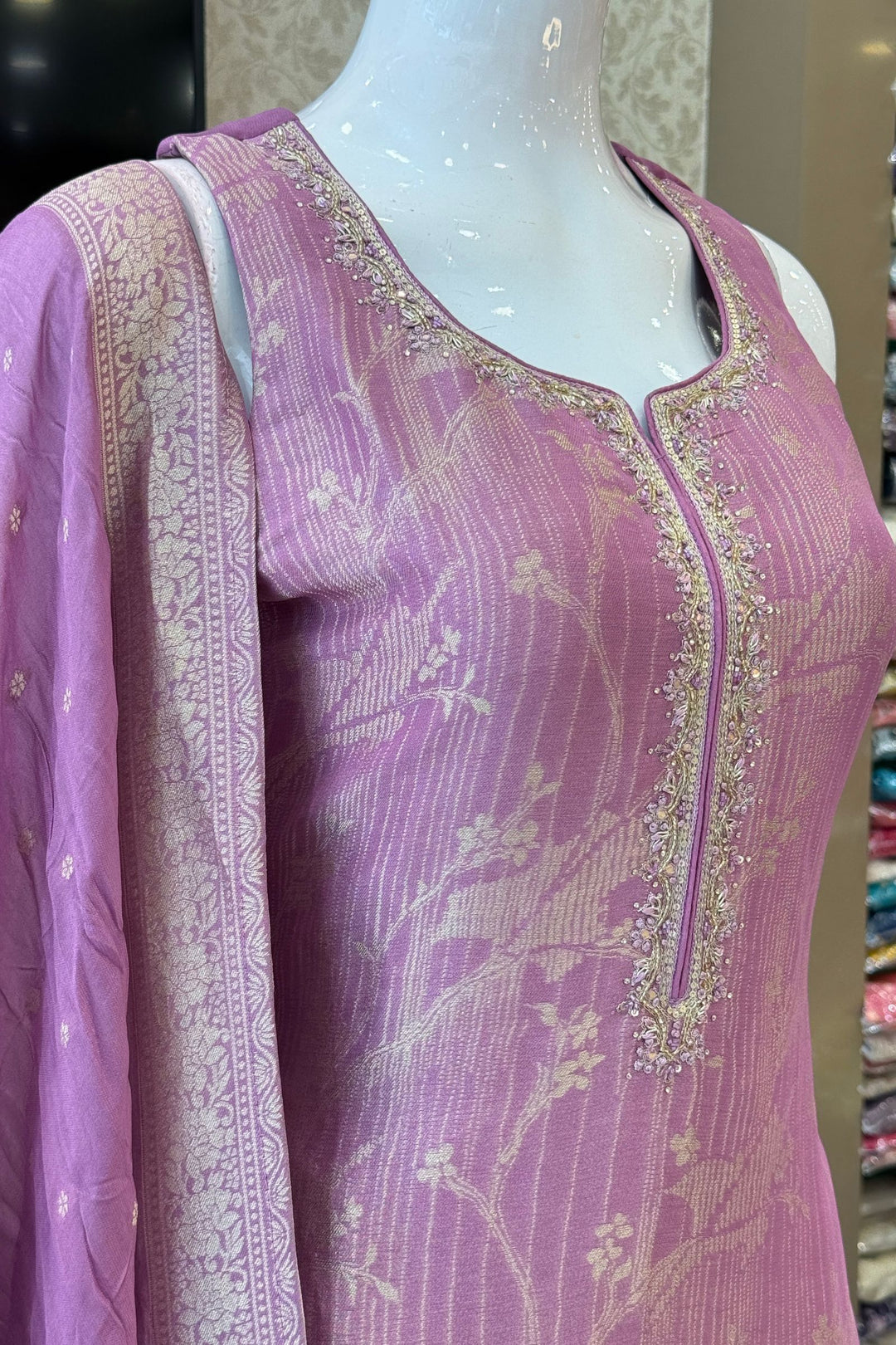 Lavender Banaras, Beads, Zardozi, Stone and Mirror work Straight Cut Salwar Suit
