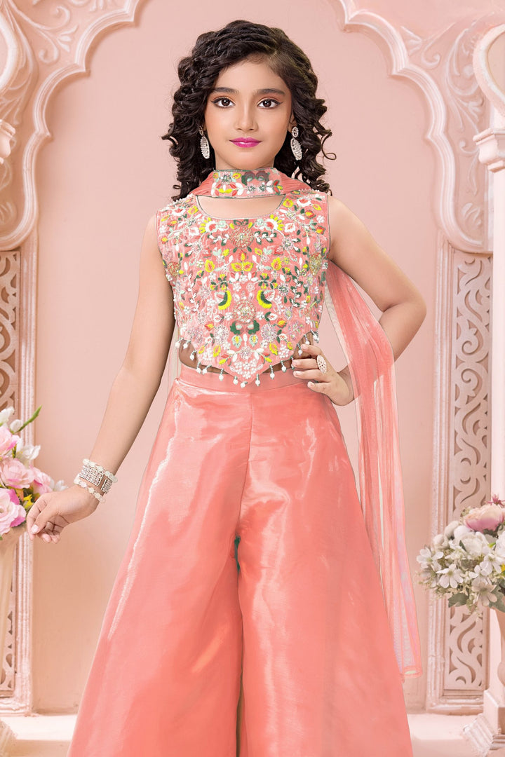 Peach Sequins, Beads and Multicolor Embroidery work Palazzo Suit Set for Girls