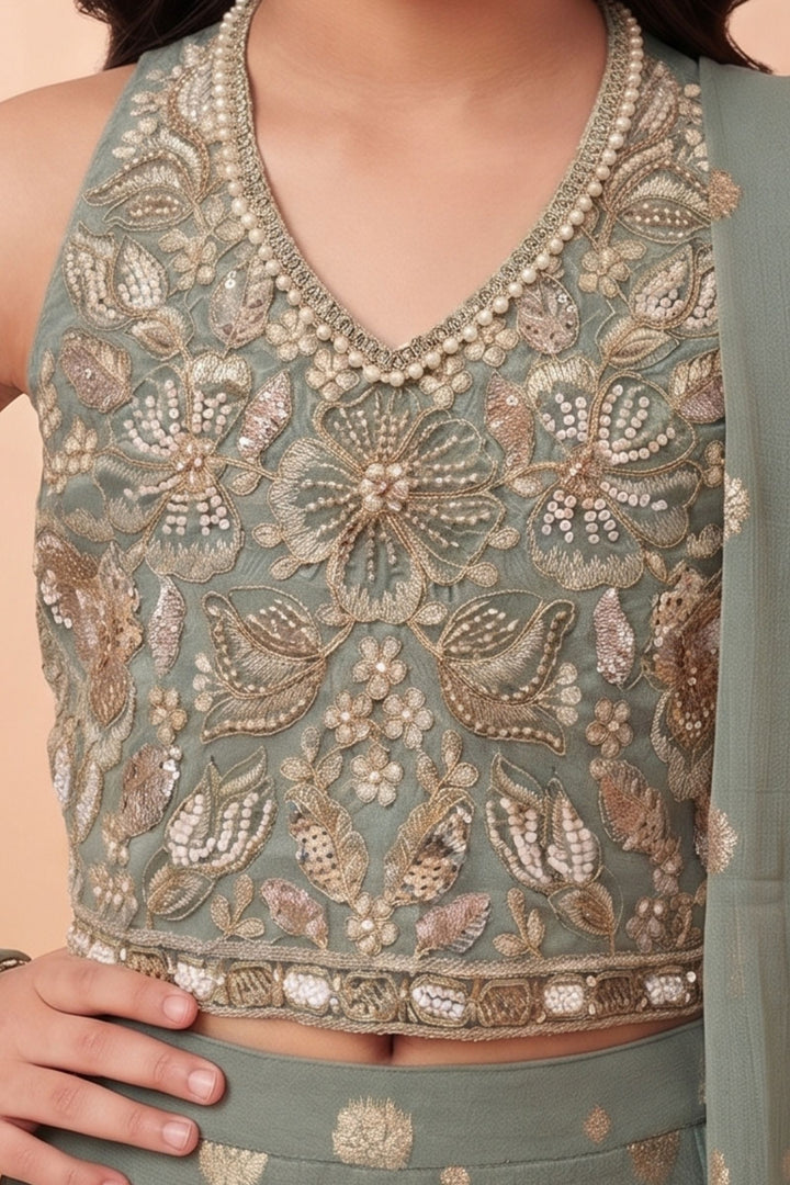 Sea Green Halter Neck Girls Lehenga Choli with Zari, Beads and Thread work