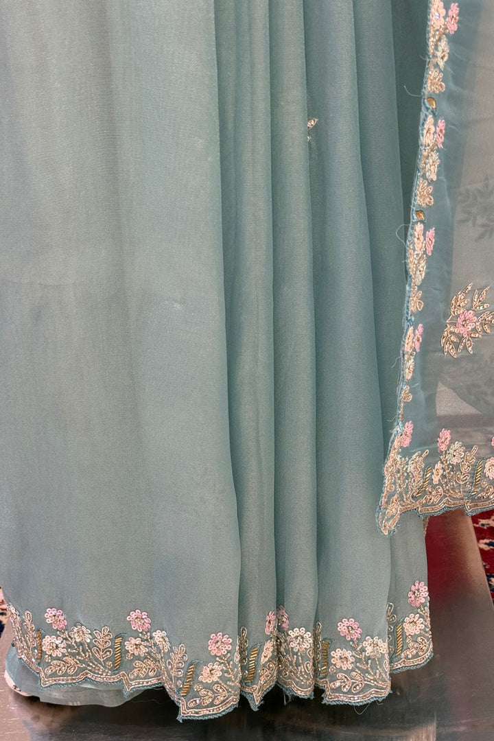 Sky Blue Stone, Sequins, Zardozi and Beads work Saree