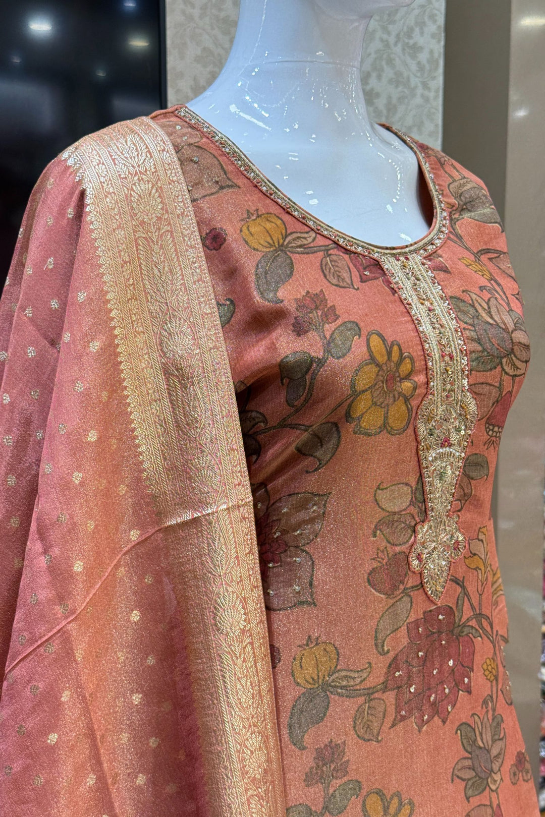 Rust Orange Sequins, Beads, Zardozi and Banaras work Straight Cut Salwar Suit