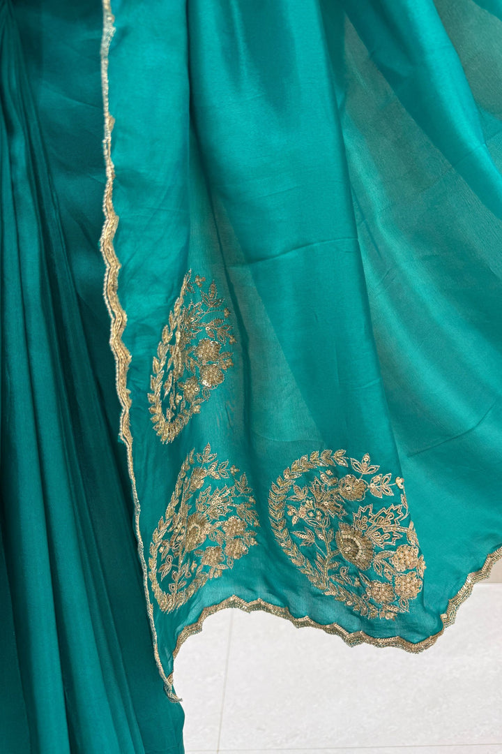 Rama Blue Saree with Sequins, Zari, Pearl and Beads work