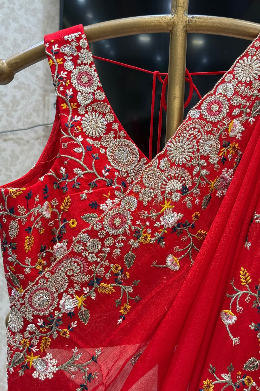 Red Saree with Multicolor Embroidery, Zari and Sequins Embellishments