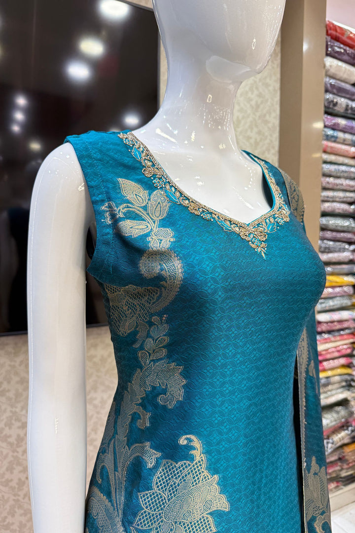 Peacock Green Banaras, Stone, Zardozi, Beads and Zari work Straight Cut Salwar Suit