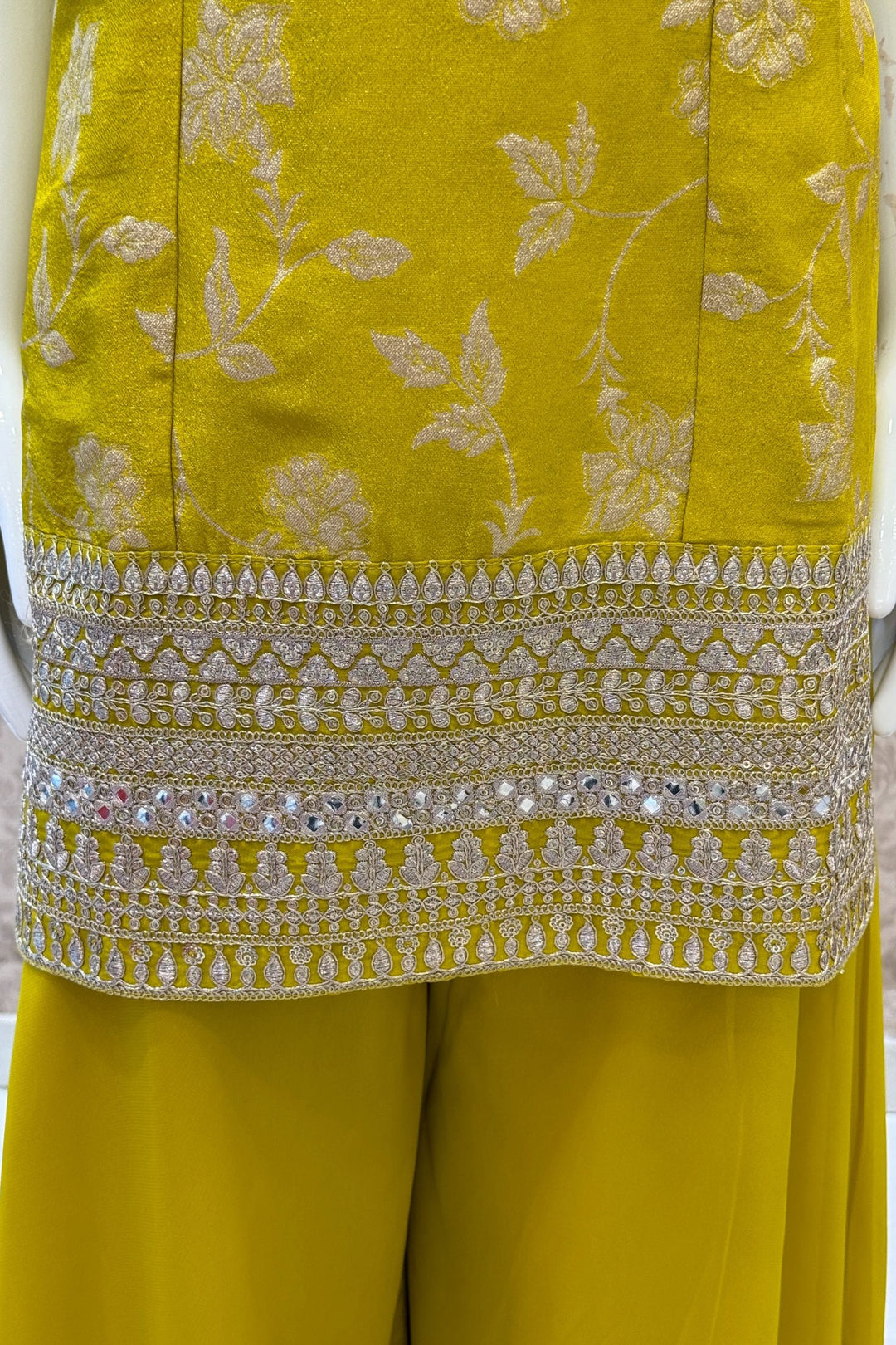 Lemon Yellow Banaras Zari, Mirror, Zardozi, Sequins, Stone and Beads work Palazzo Salwar Suit