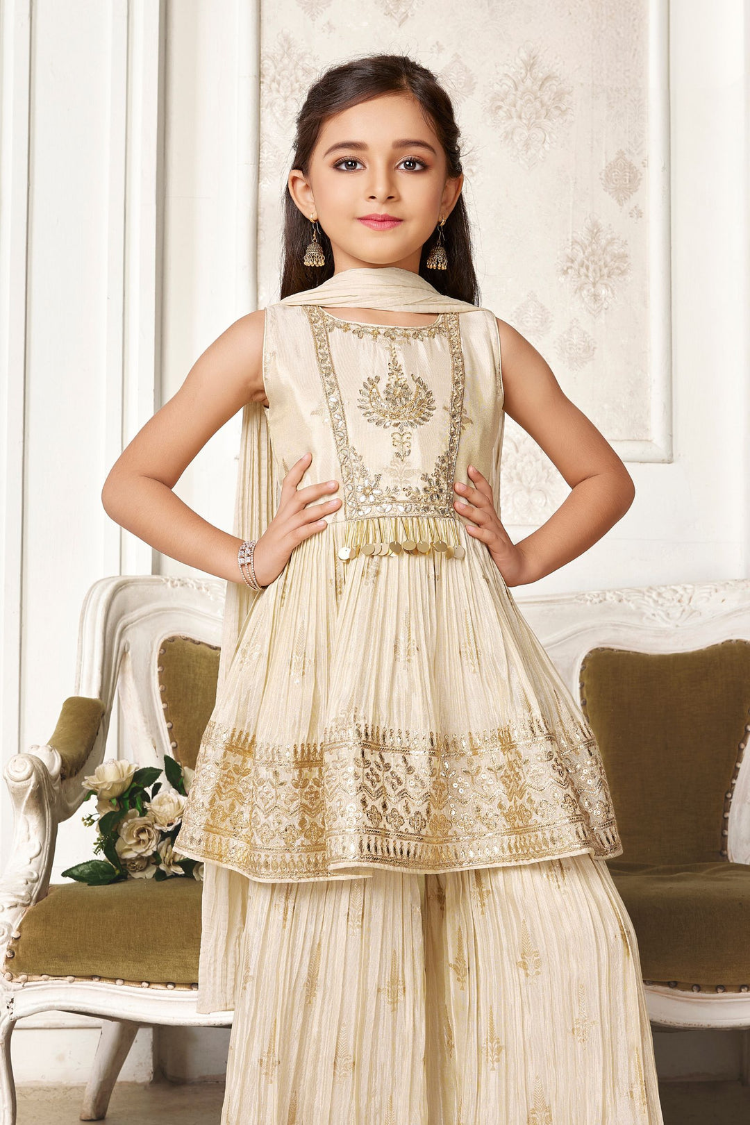 Sandal Gota Patti, Zardozi, Beads and Zari work Peplum Top and Sharara Set for Girls