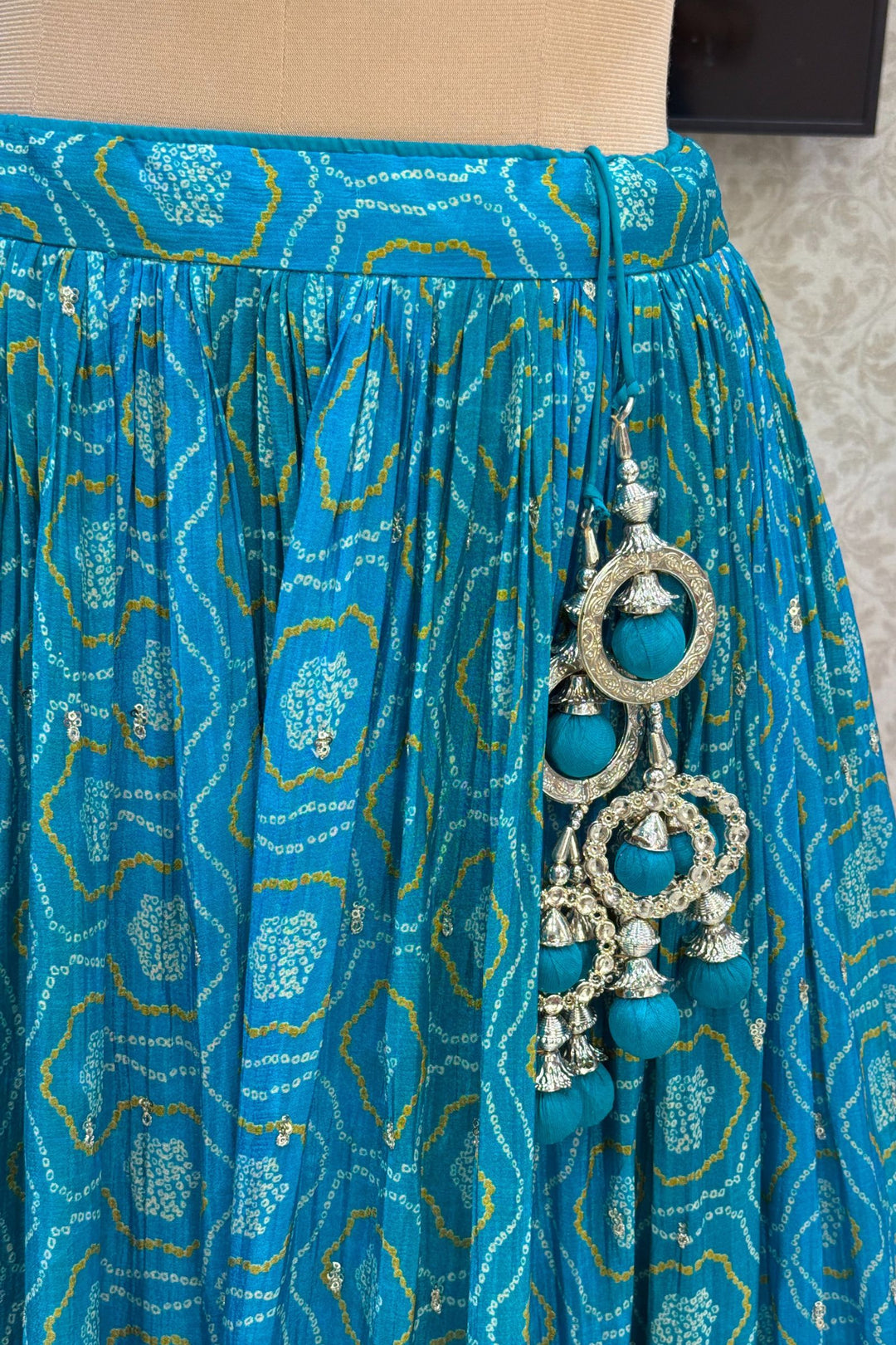 Rama Blue Stone, Zardozi, Sequins and Mirror work with Bandini Print Crop Top Lehenga