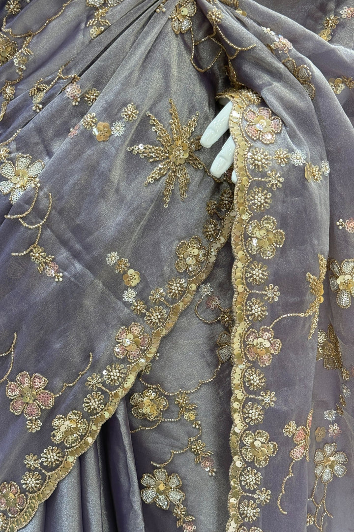 Light Purple Sequins, Beads, Zari and Pearls work Saree