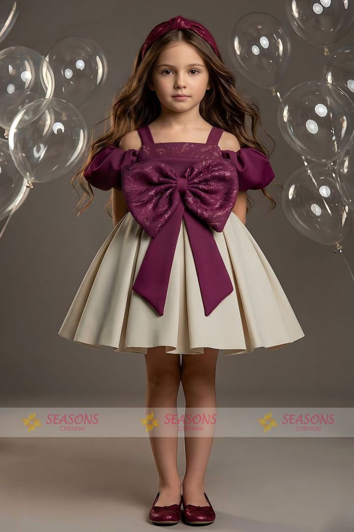 Maroon with Beige Short Partywear Frock for Girls