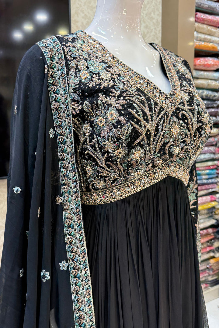 Black Embroidery, Sequins, Beads, Mirror and Stone work Floor Length Anarkali Suit