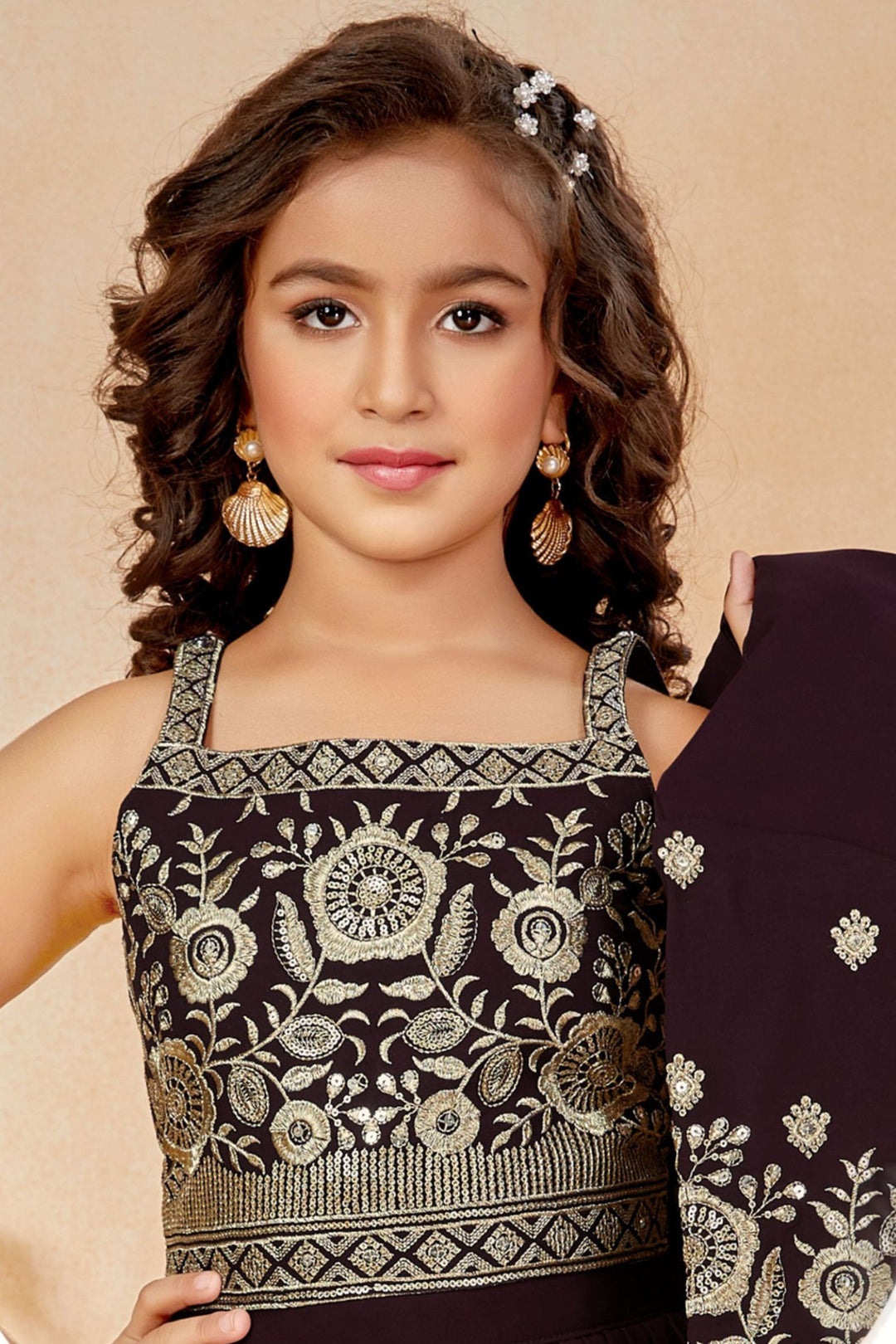 Wine Sequins and Zari work Overcoat Styled Palazzo Set for Girls