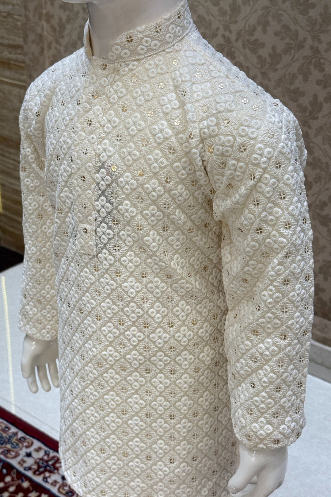 Cream Sequins and Embroidery work Kurta Set for Boys