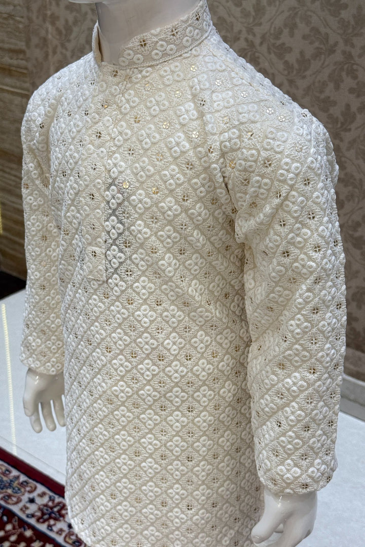 Cream Sequins and Embroidery work Kurta Set for Boys