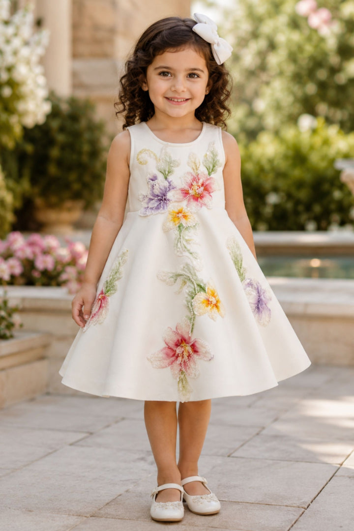 Half White Beads and Floral Applique work Short Partywear Frock for Girls