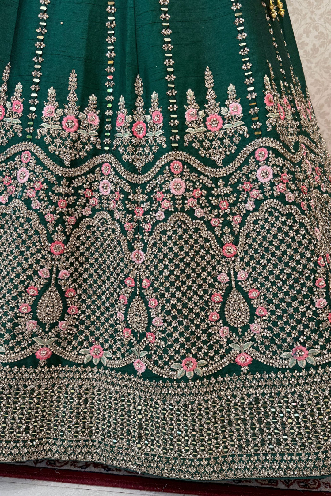 Bottle Green Bridal Lehenga with Pink Dupatta and Stone, Embroidery work