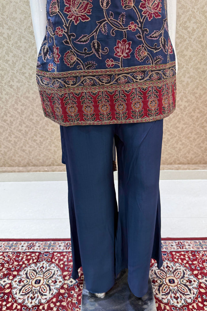 Navy Blue Zari, Zardozi, Sequins, Stone and Beads work with Floral Print Palazzo Salwar Suit