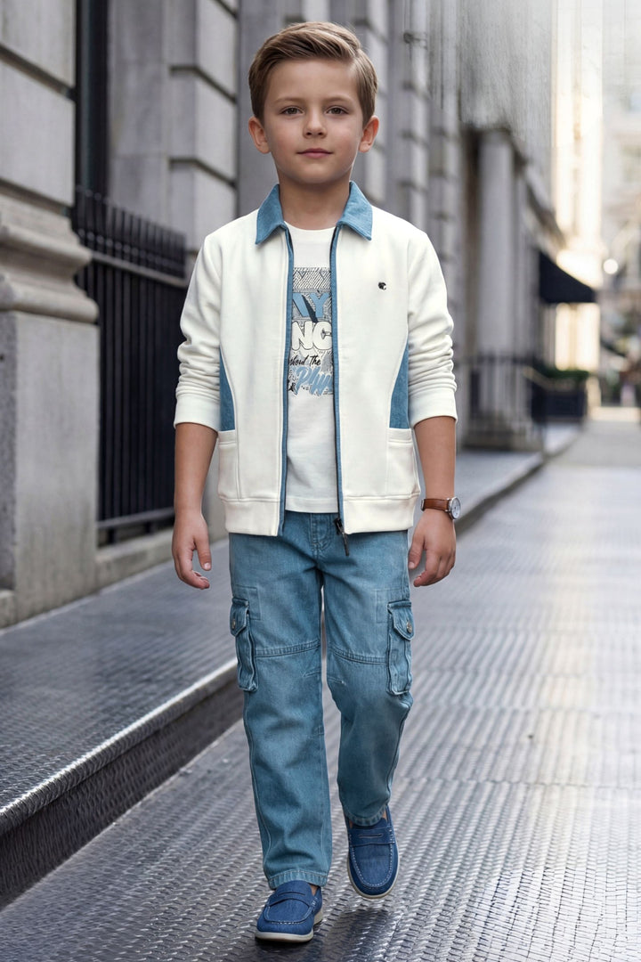 White with Blue Blazer, Printed T-Shirt and Pant Set for Boys