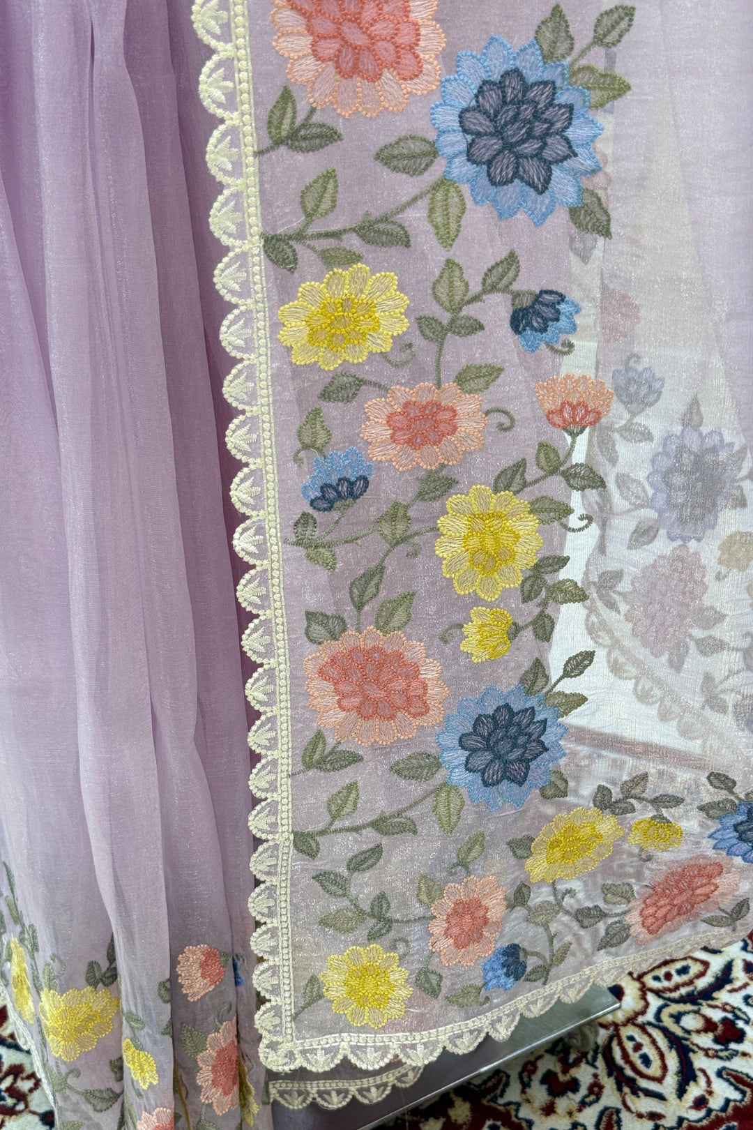 Lilac Multicolor Embroidery work Saree