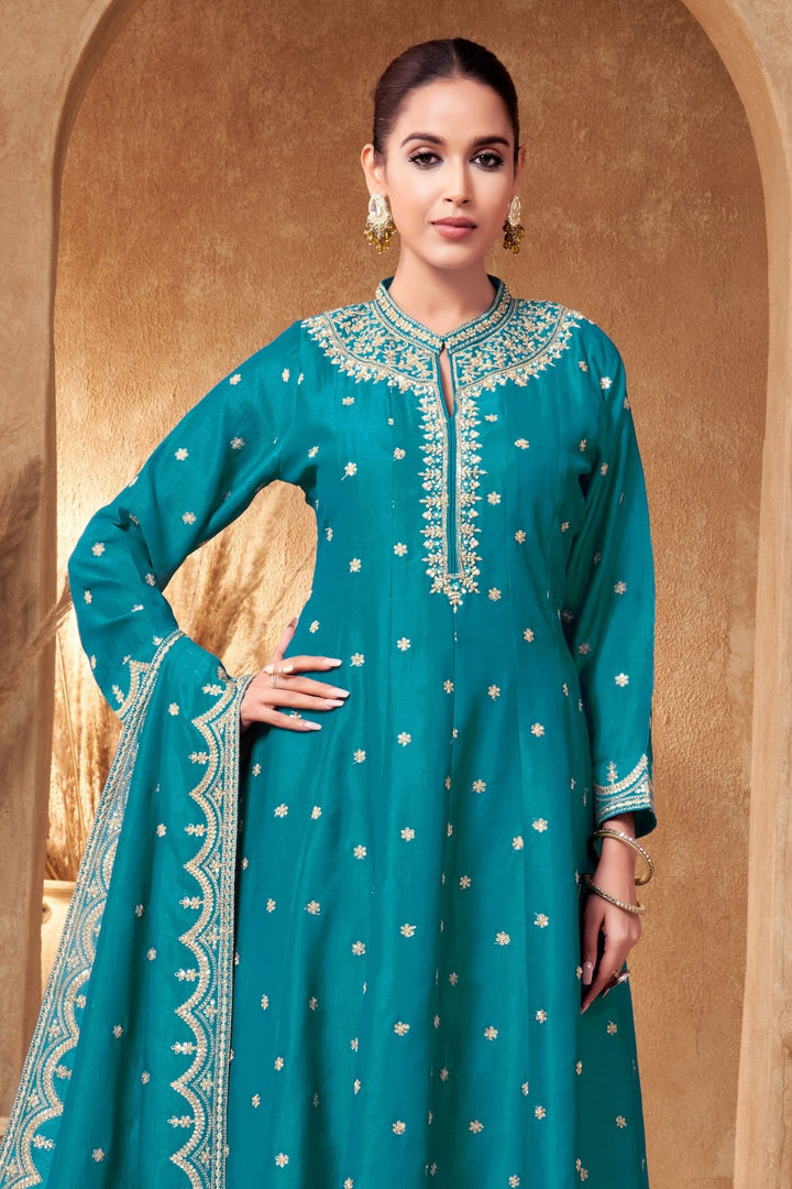 Rama Blue Zari, Zardozi, Sequins and Stone work A-line Cut Salwar Suit
