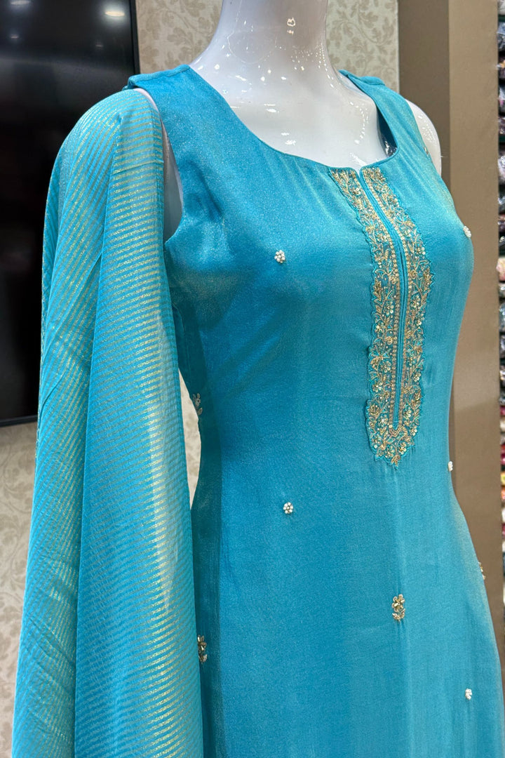 Rama Blue Beads, Zari, Stone and Sequins work Straight Cut Salwar Suit