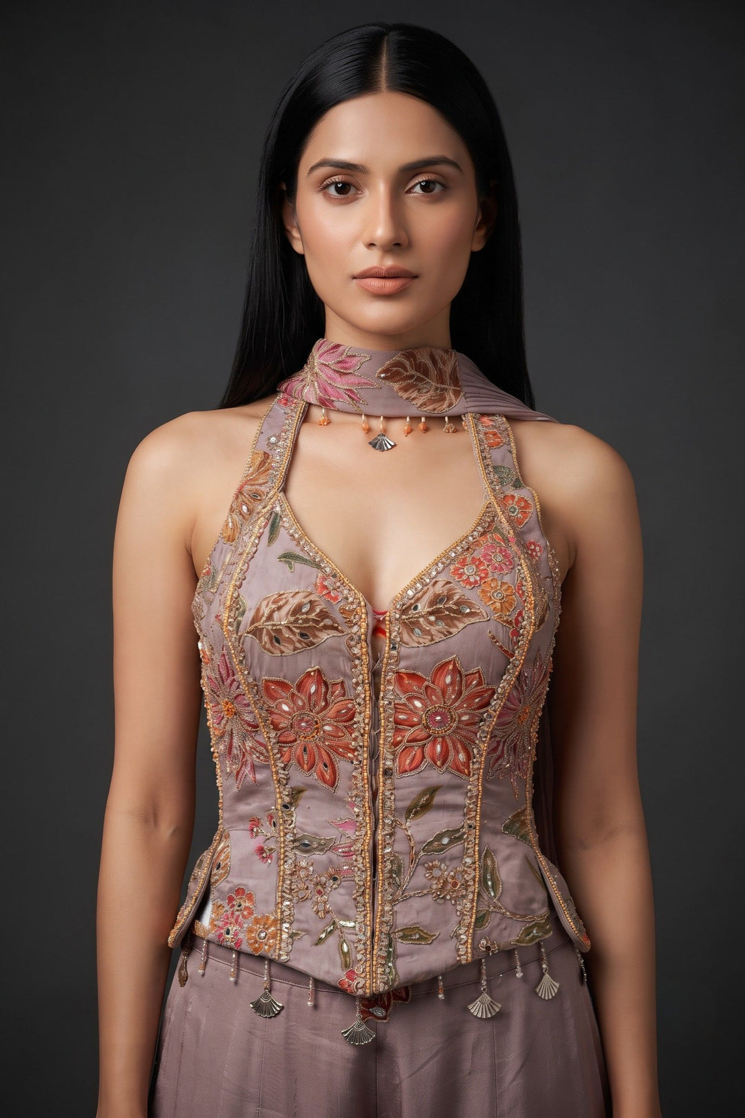 Lilac Halter Neck Palazzo Set with Zardozi, Zari, Beads, Sequins, Stone and Mirror Detailing