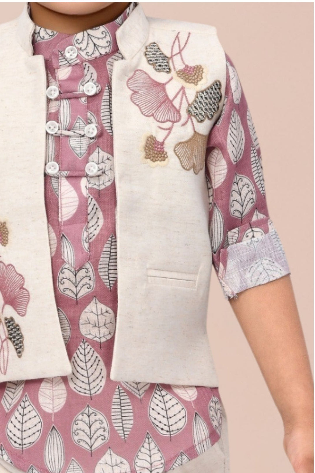 Onion Pink Printed Kurta with Half White Waistcoat for Boys