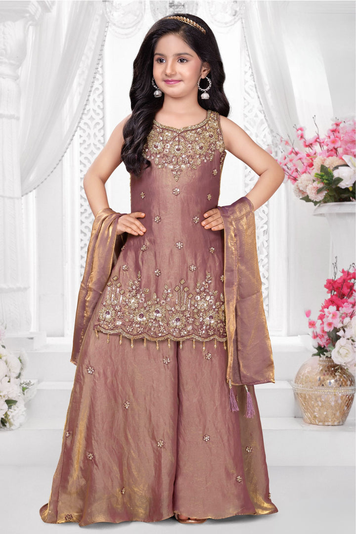 Copper Zari, Beads and Sequins work Palazzo Suit Set for Girls