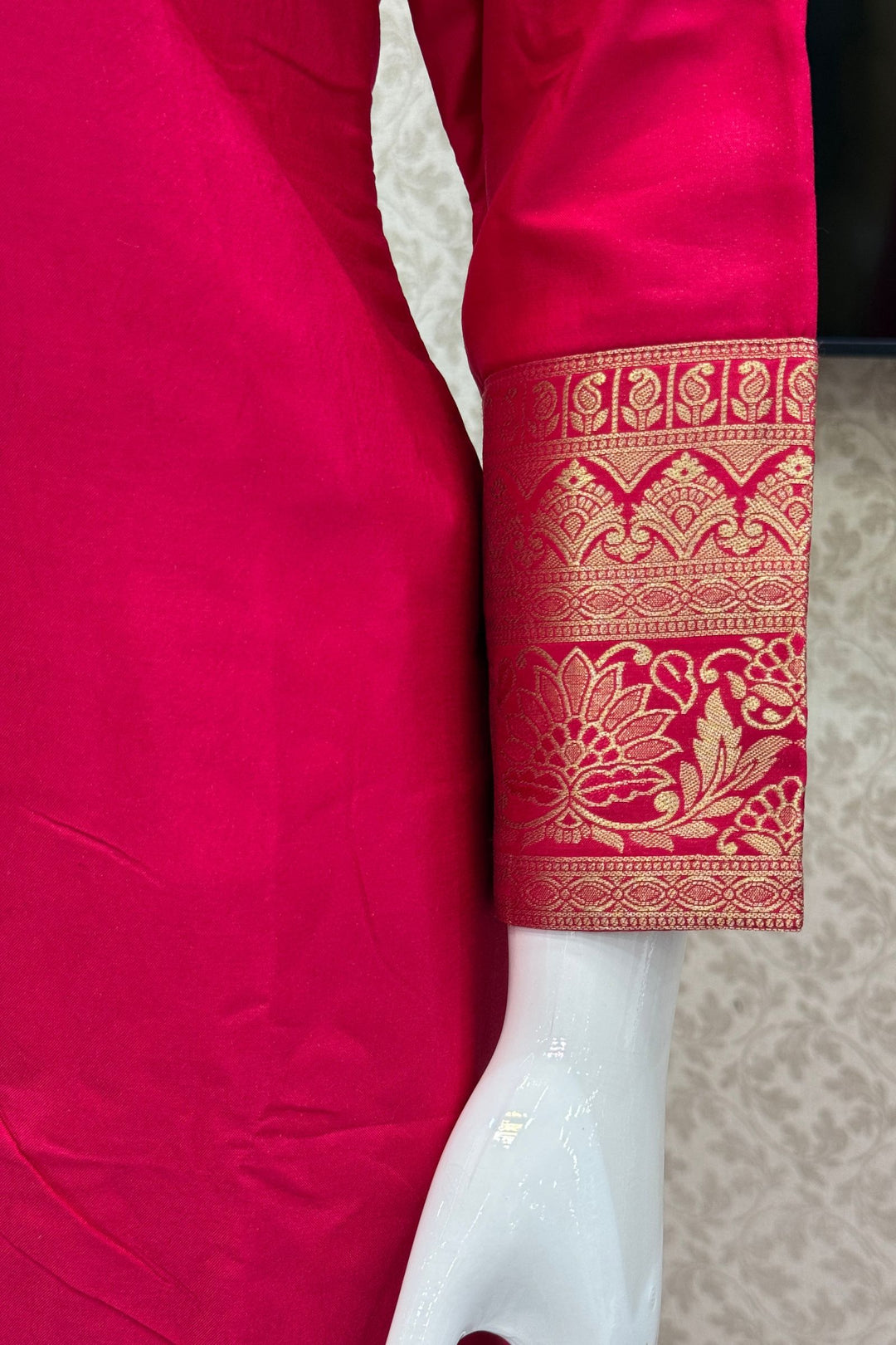 Rani Pink Straight Cut Salwar Suit with Stone, Mirror and Banaras work