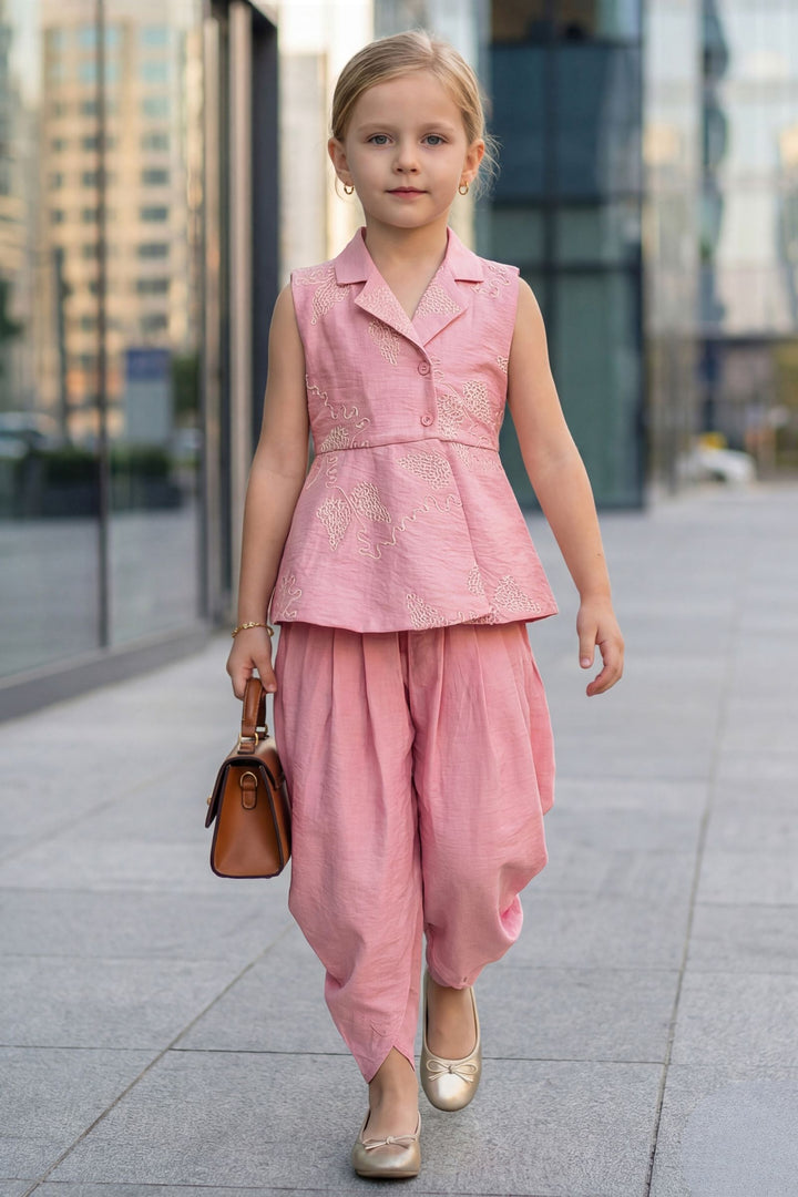 Pink Thread work Dhoti Style Peplum Top for Girls