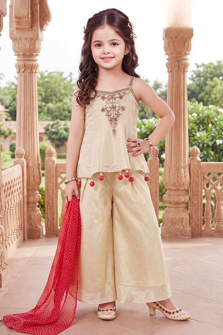 Cream Beads and Thread work Palazzo Suit Set for Girls