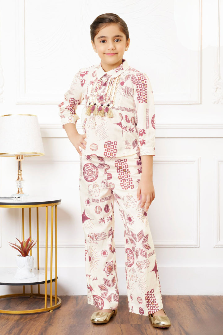 Cream with Pink Digital Print Co-ord Set for Girls