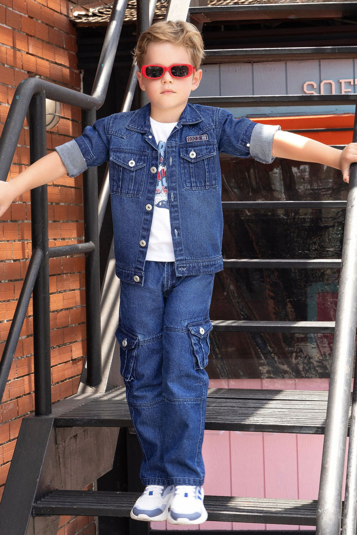 Dark Blue with White Printed Blazer, T-Shirt and Pant Set for Boys with Belt