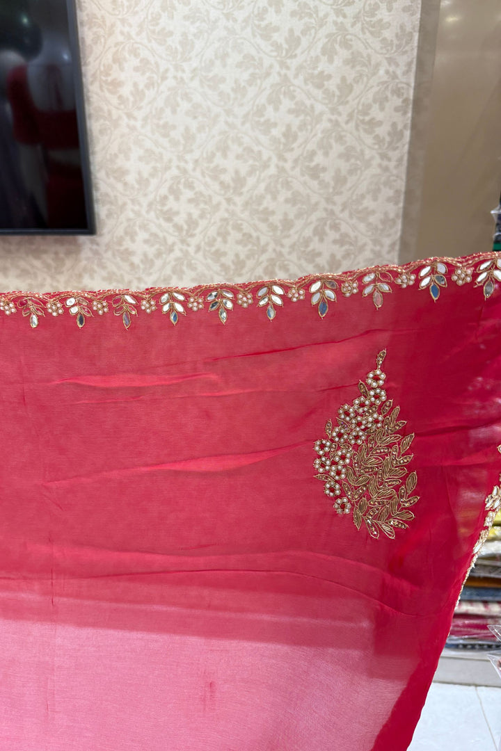 Red Mirror, Pearl, Zardozi, Stone and Beads work Saree