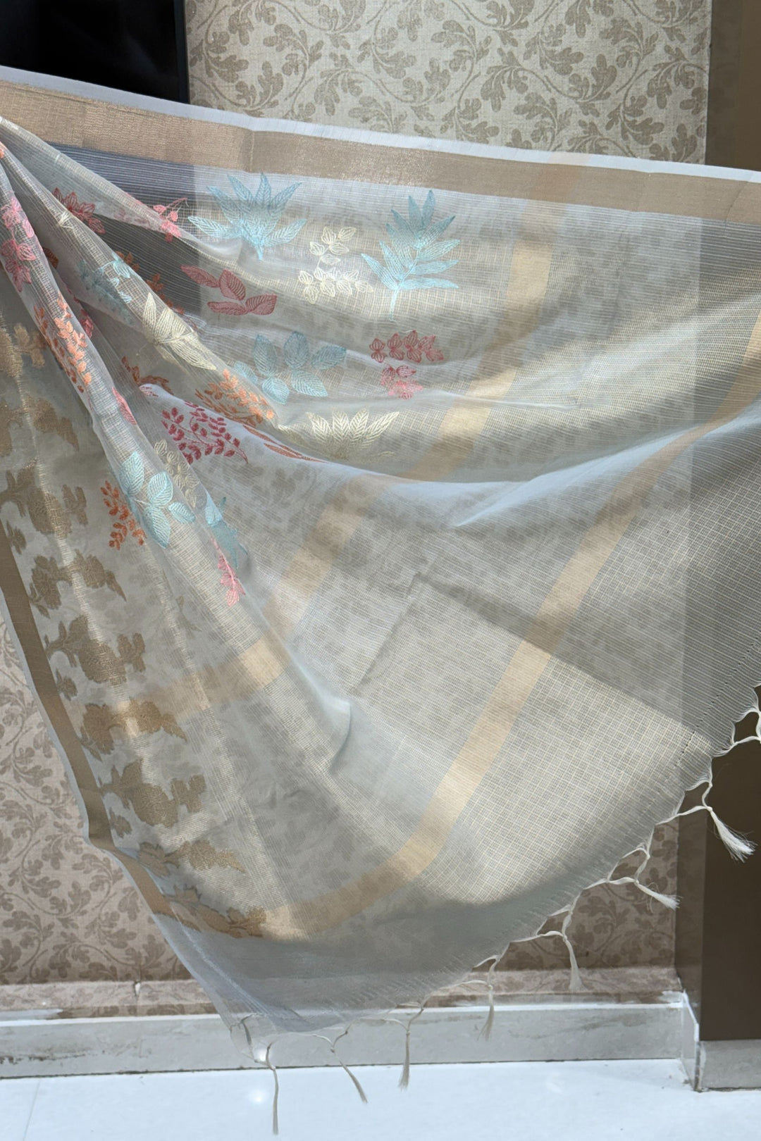 Sea Blue Chikankari and Zari work Saree